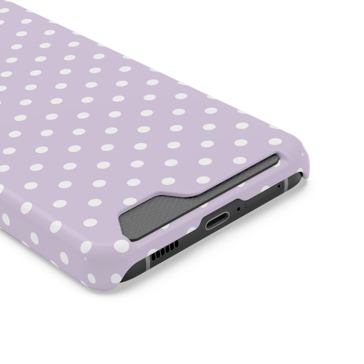 Lavender Polka Dot phone case with card holder, close-up of the card slot
