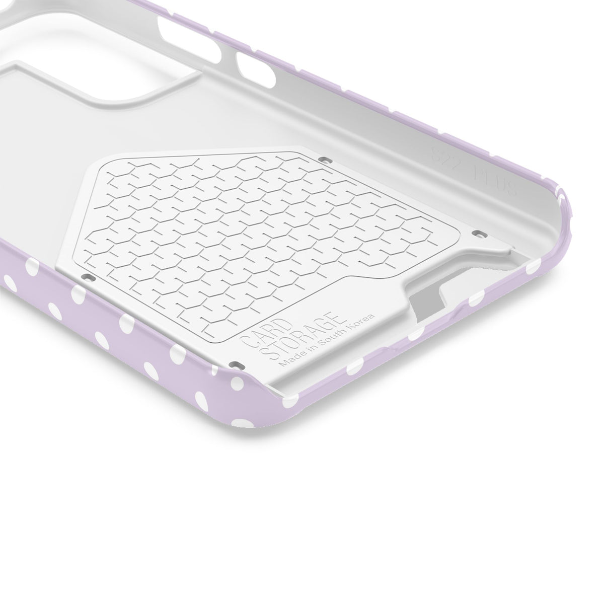 Lavender Polka Dot phone case with card holder, close-up of the inside