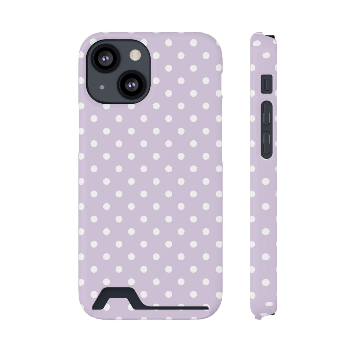 Lavender Polka Dot phone case with card holder for iPhone 13 Mini, glossy finish
