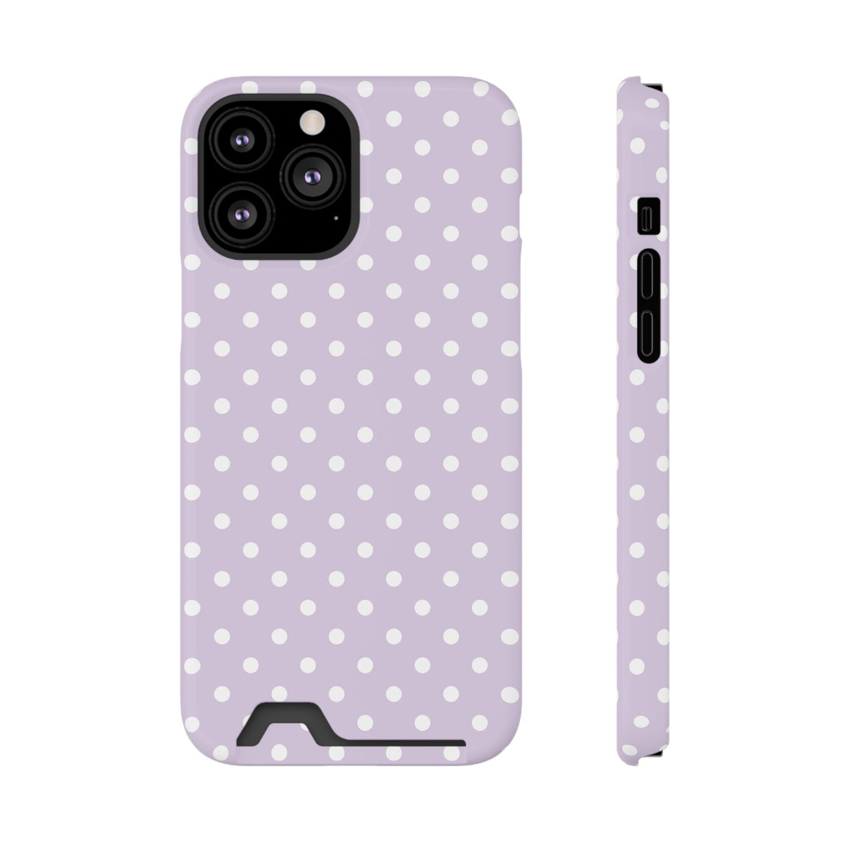 Lavender Polka Dot phone case with card holder for iPhone 13 Pro Max, glossy finish