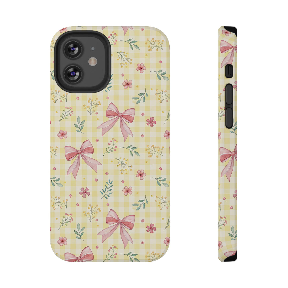 Lemon Bow Gingham protective phone case for iPhone 12 Mini, glossy finish