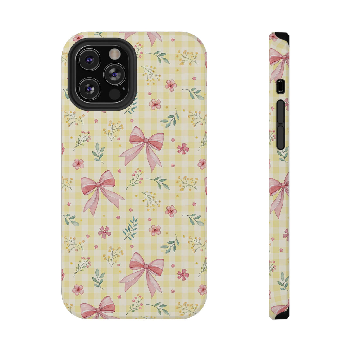 Lemon Bow Gingham protective phone case for iPhone 12 Pro, glossy finish