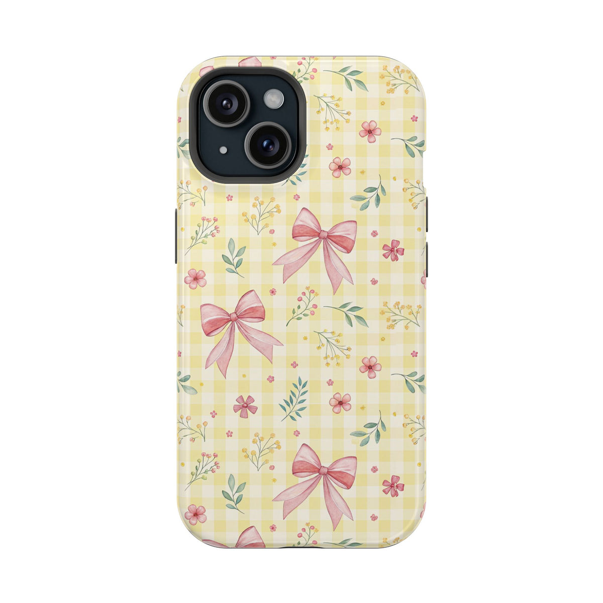 Lemon Bow Gingham protective phone case for iPhone 15, glossy finish