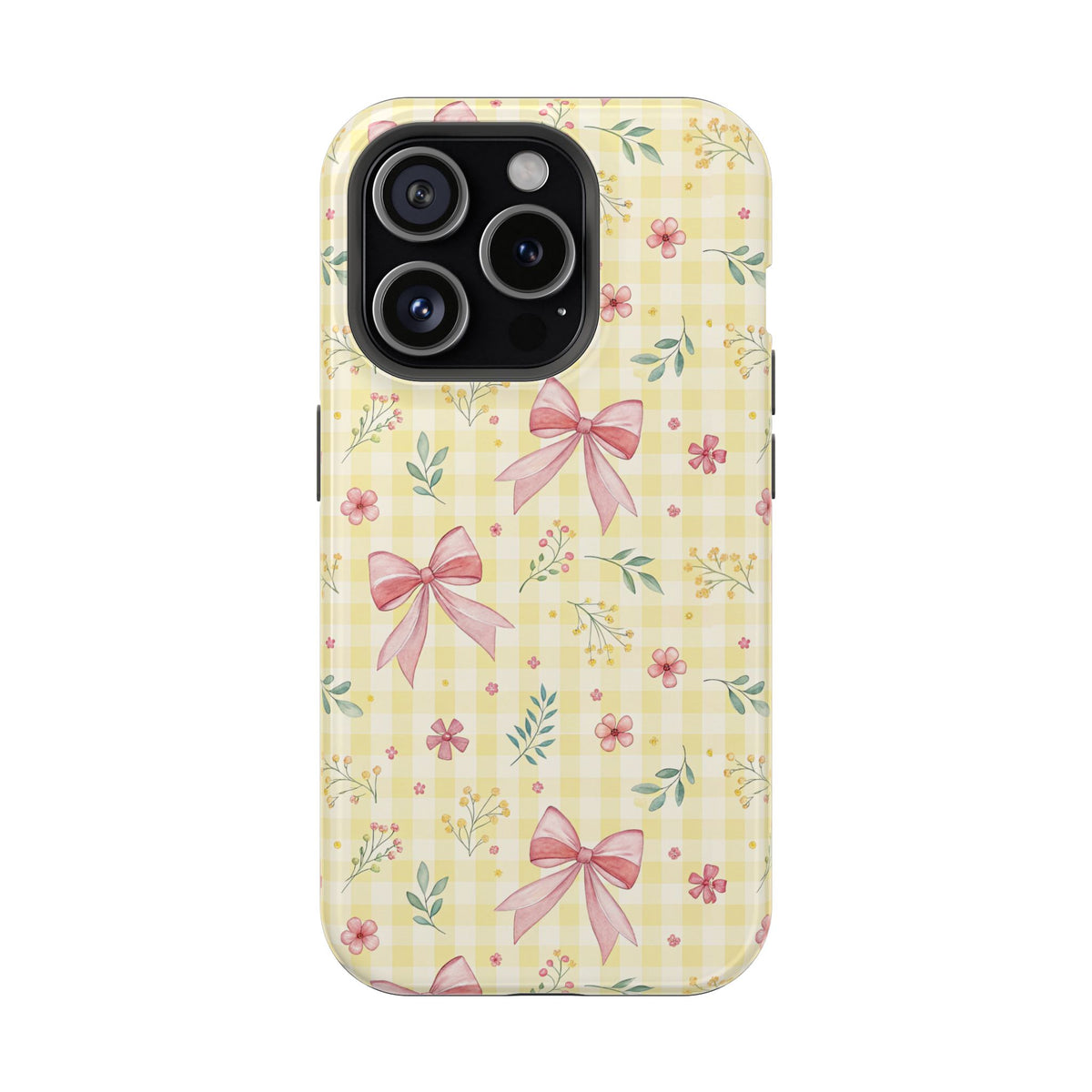 Lemon Bow Gingham protective phone case for iPhone 15 Pro, glossy finish