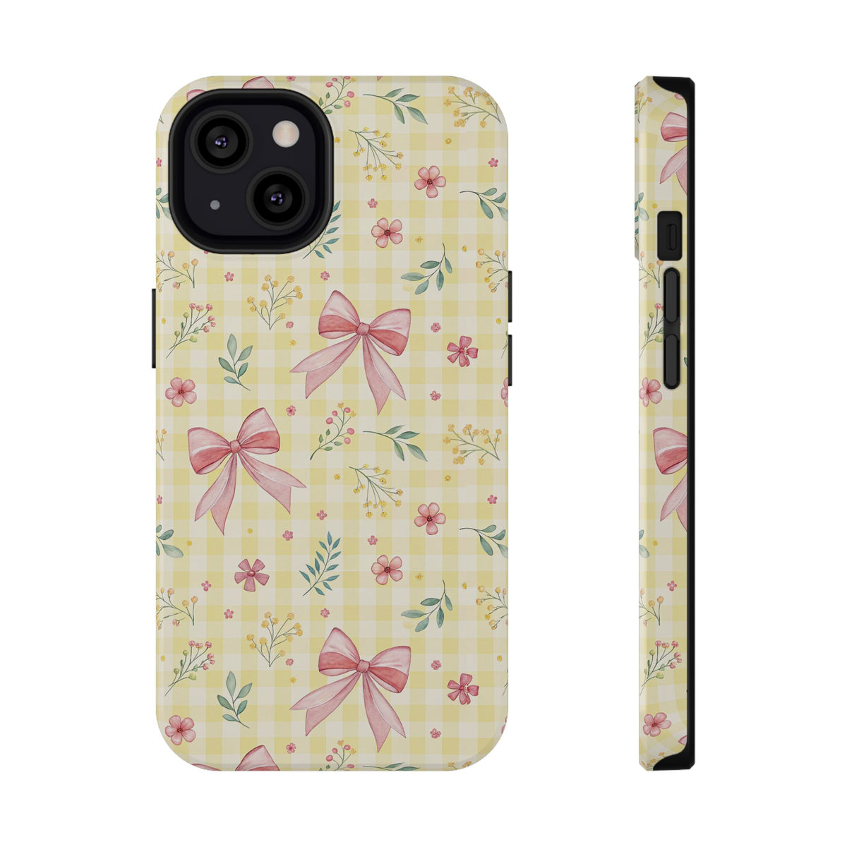 Lemon Bow Gingham protective phone case for iPhone 13, glossy finish