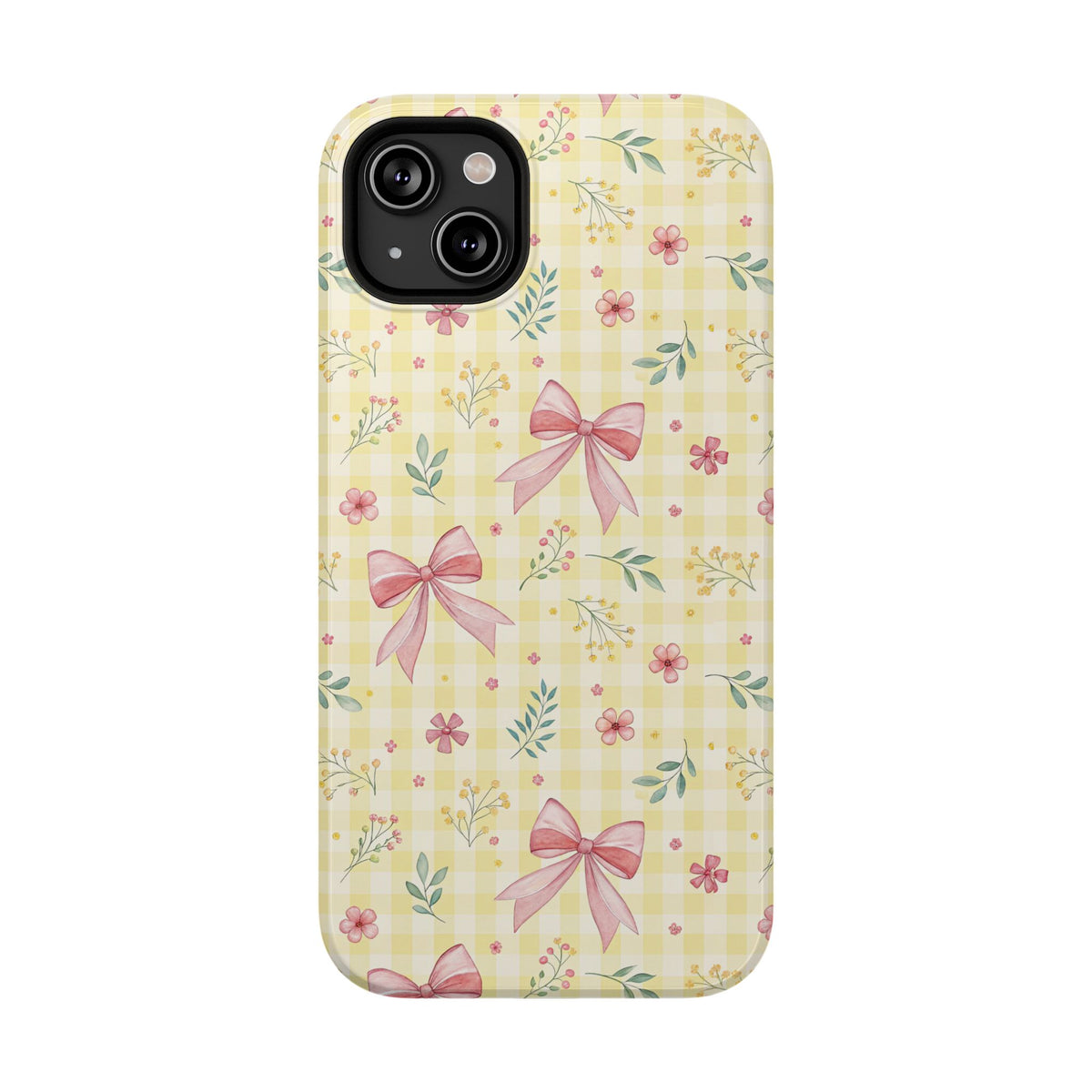 Lemon Bow Gingham protective phone case for iPhone 14 Plus, glossy finish