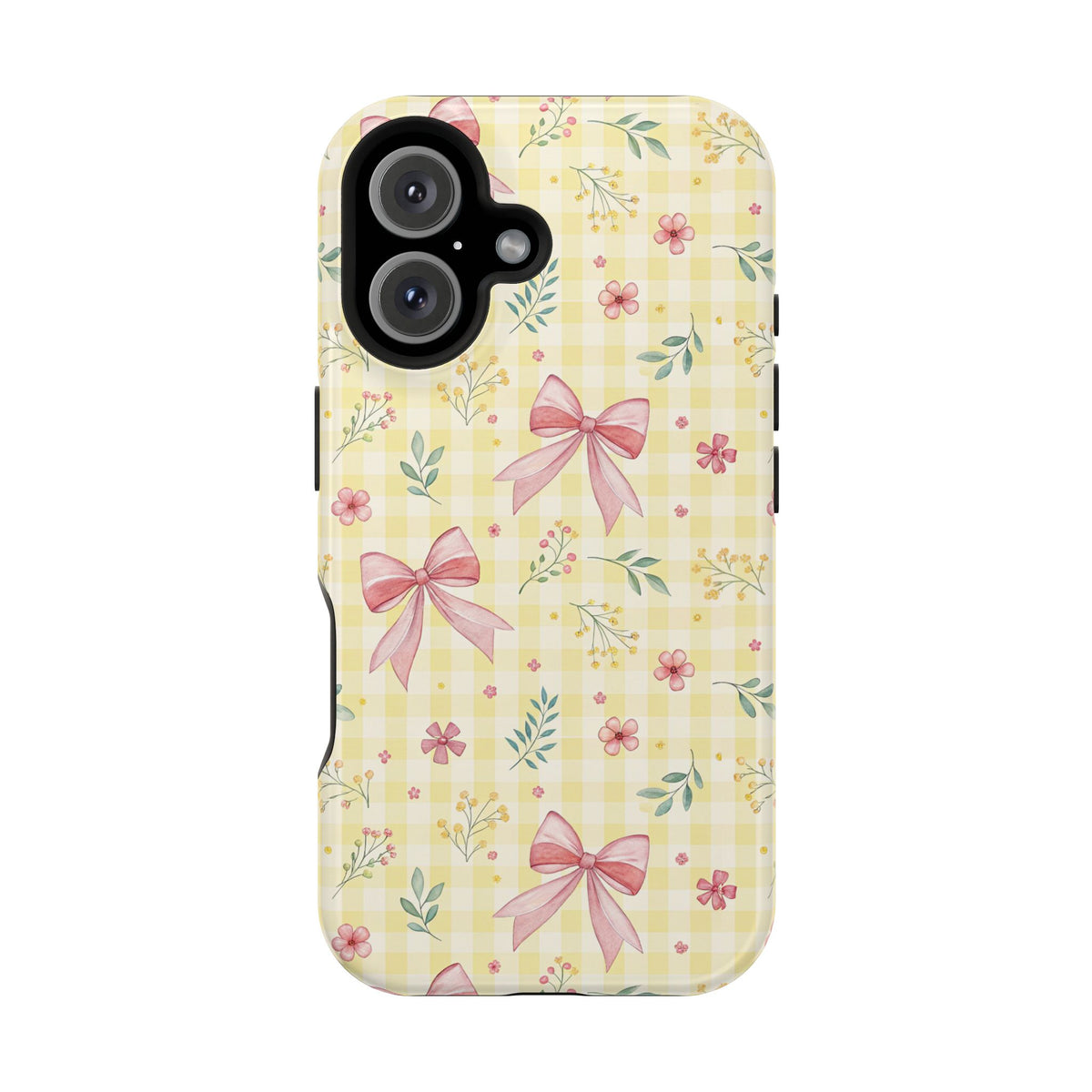 Lemon Bow Gingham protective phone case for iPhone 16, glossy finish