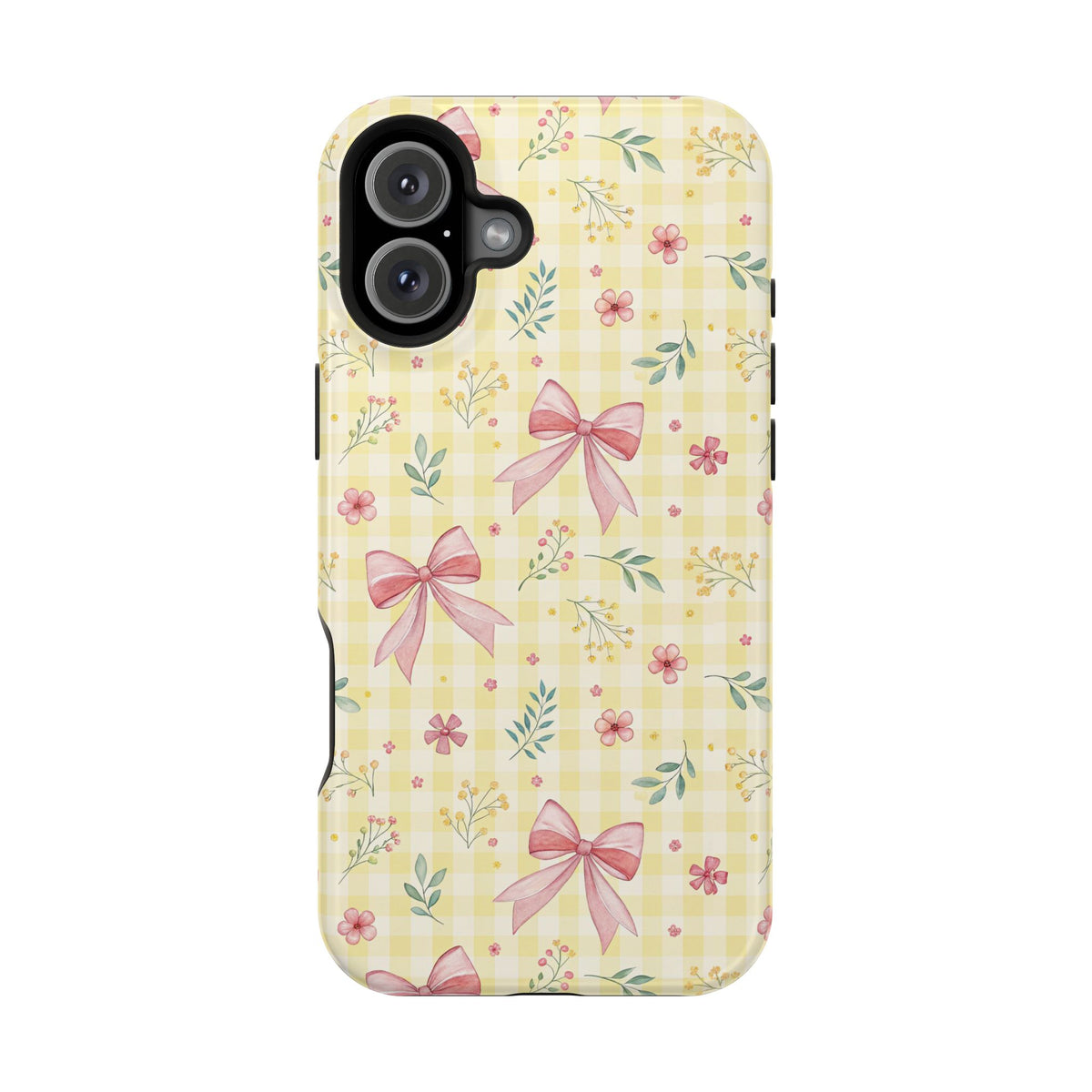 Lemon Bow Gingham protective phone case for iPhone 16 Plus, glossy finish