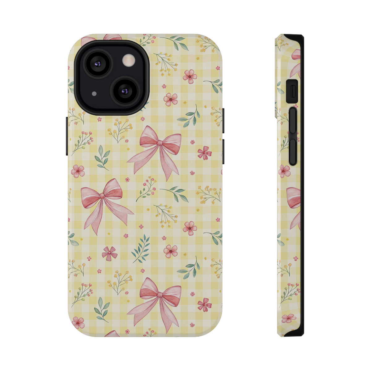 Lemon Bow Gingham protective phone case for iPhone 13 Mini, glossy finish