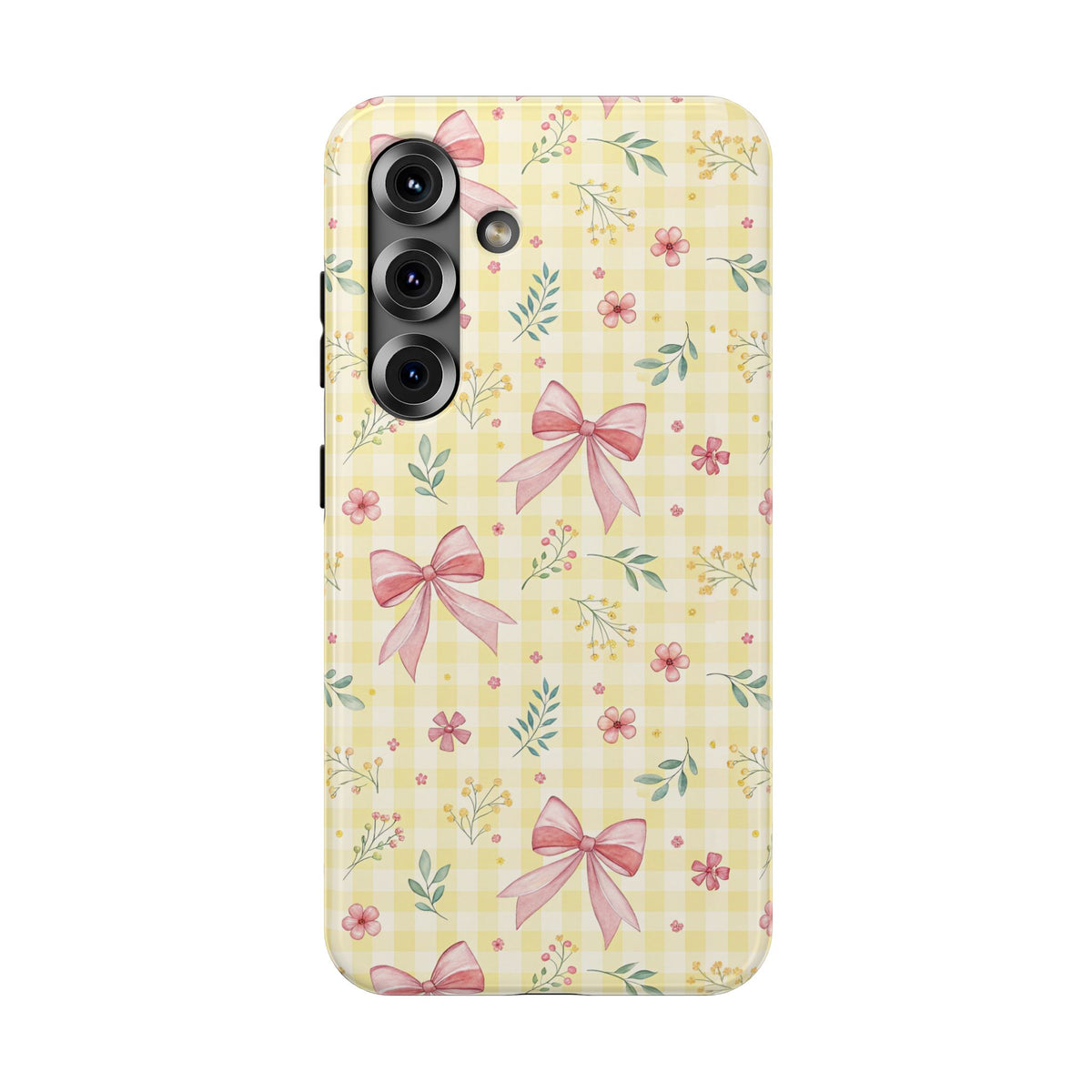 Lemon Bow Gingham protective phone case for Samsung Galaxy S25, glossy finish