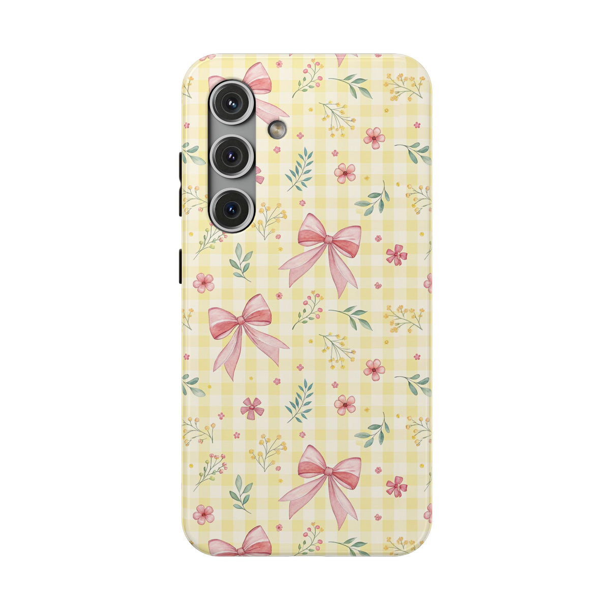 Lemon Bow Gingham protective phone case for Samsung Galaxy S24, glossy finish