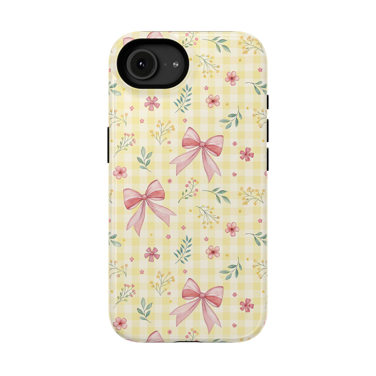 Lemon Bow Gingham protective phone case for iPhone 16e, glossy finish