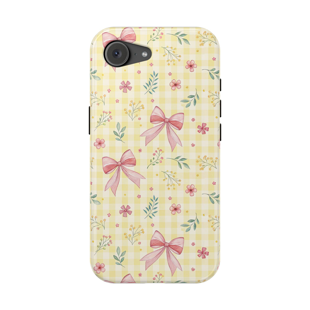 Lemon Bow Gingham protective phone case for iPhone 17e, glossy finish