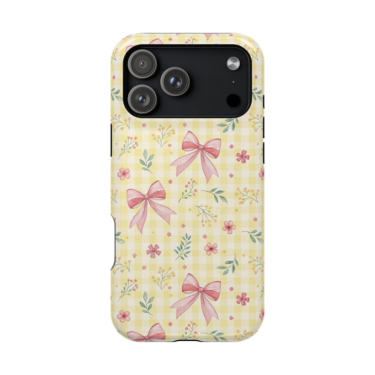 Lemon Bow Gingham protective phone case for iPhone 18 Pro Max, glossy finish