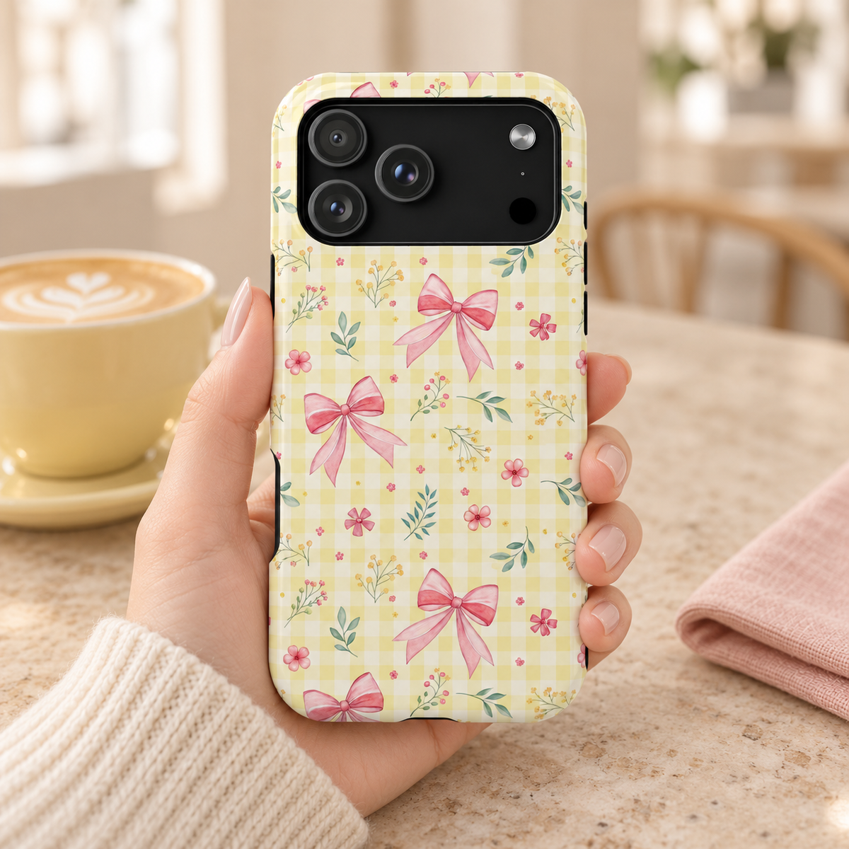 Lemon Bow Gingham protective phone case, pink bows and tiny flowers on lemon gingham, lifestyle photo in hand with coffee