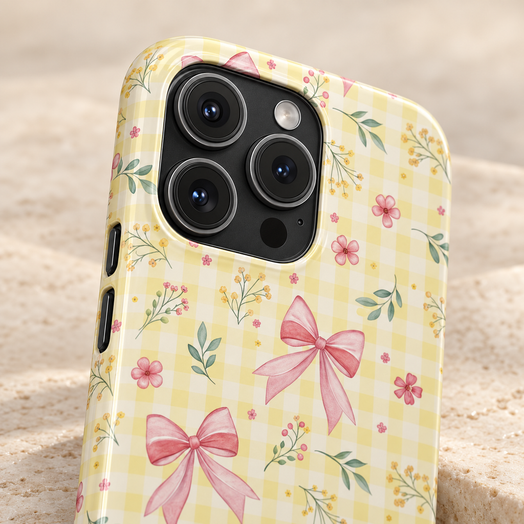Lemon Bow Gingham protective phone case, pink bows and tiny flowers on lemon gingham, lifestyle close-up of the camera