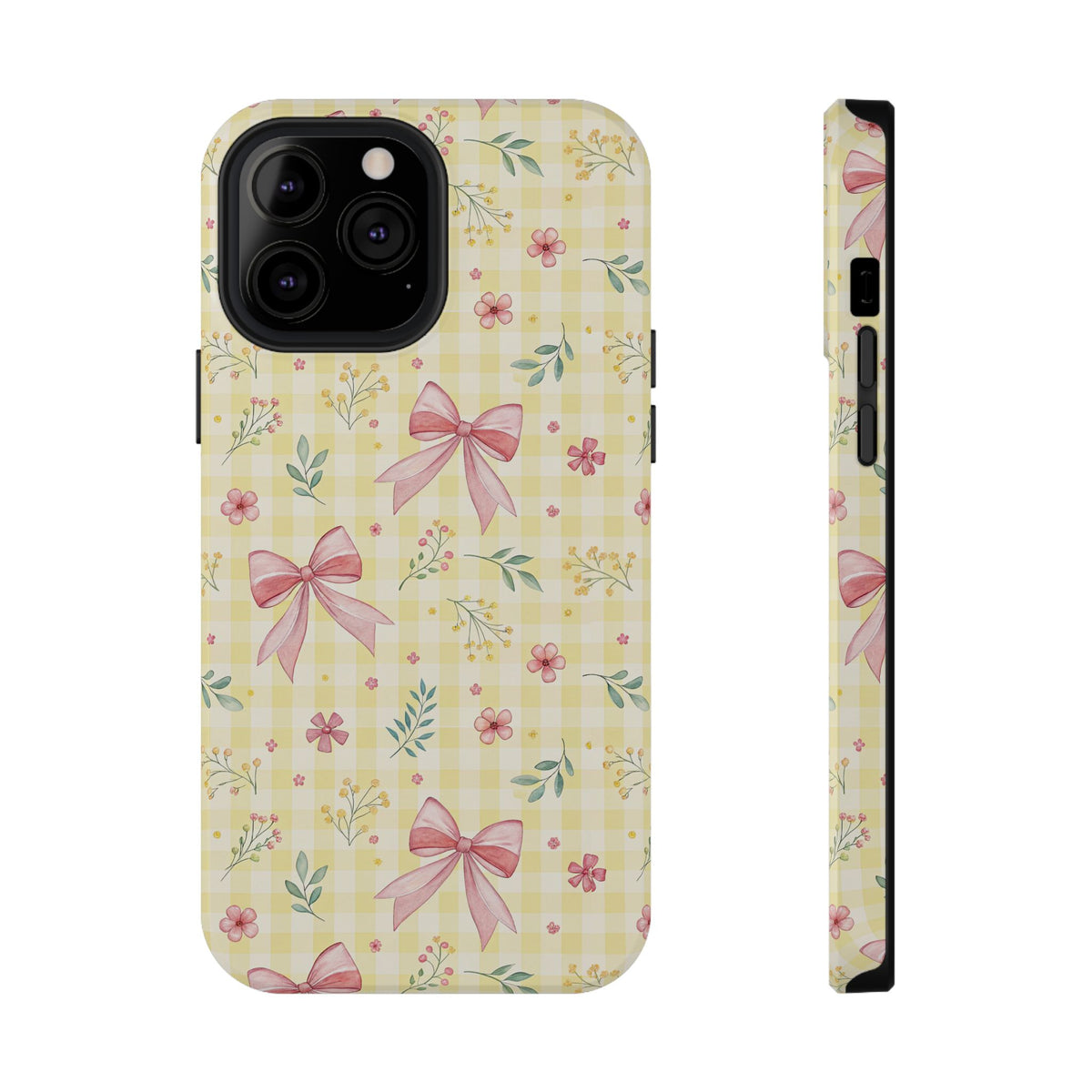 Lemon Bow Gingham protective phone case for iPhone 13 Pro Max, glossy finish
