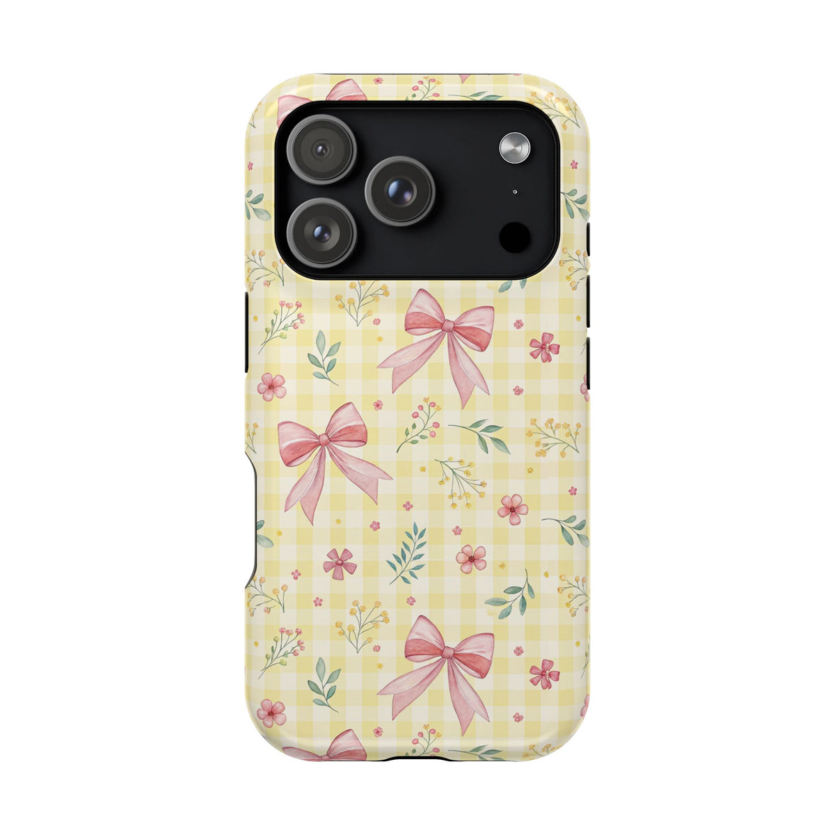 Lemon Bow Gingham MagSafe case for iPhone 18 Pro, glossy finish