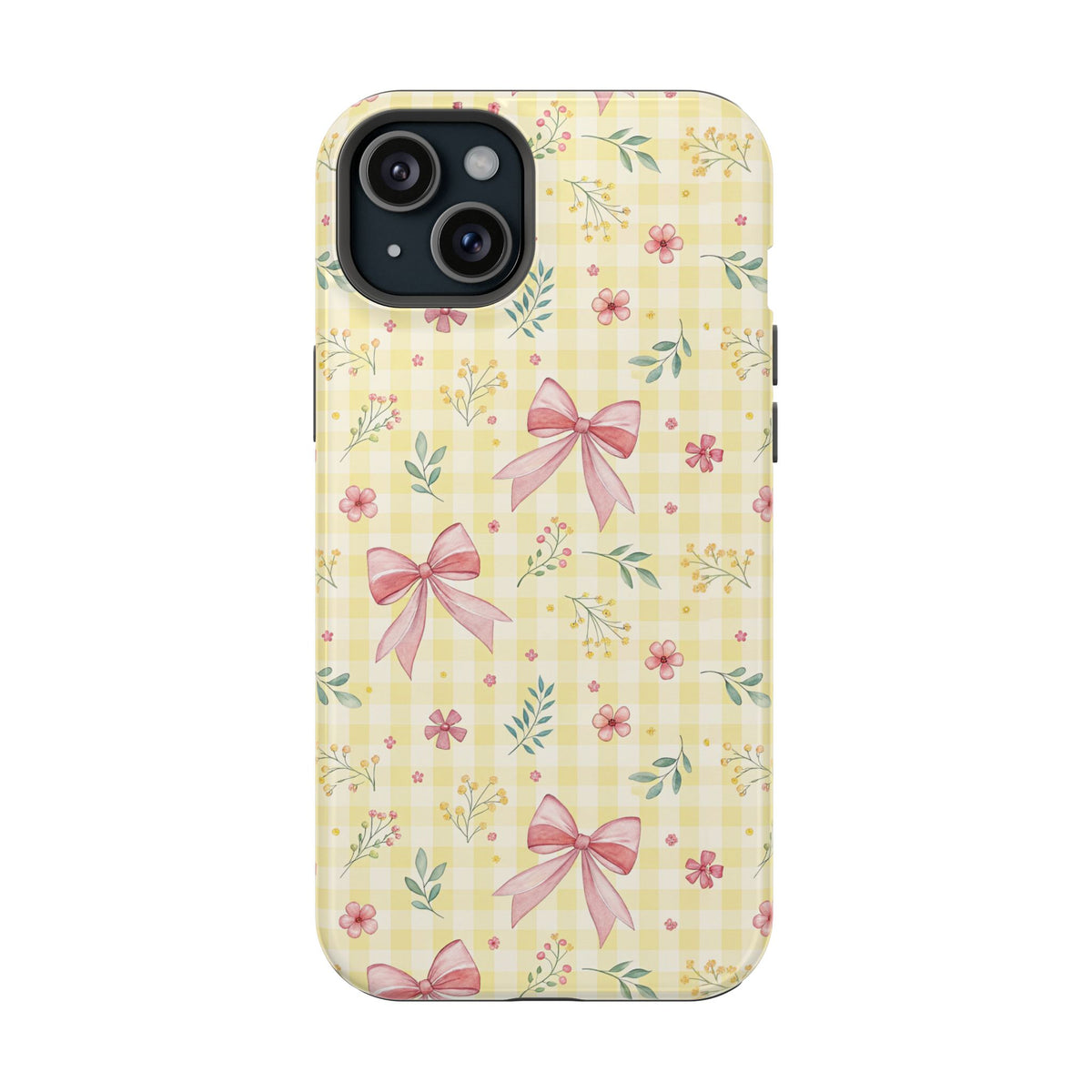 Lemon Bow Gingham MagSafe case for iPhone 15 Plus, glossy finish