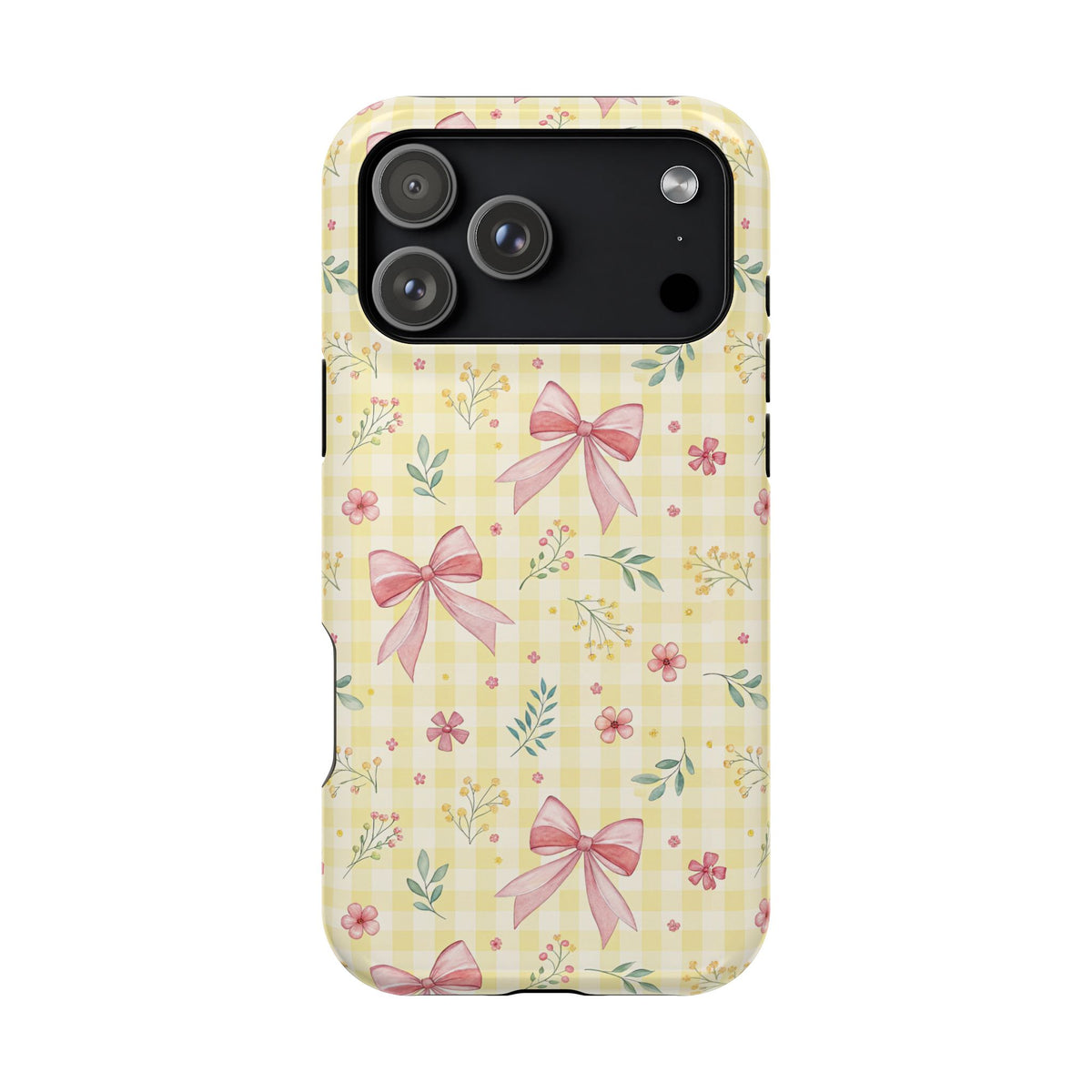 Lemon Bow Gingham MagSafe case for iPhone 17 Pro Max, glossy finish
