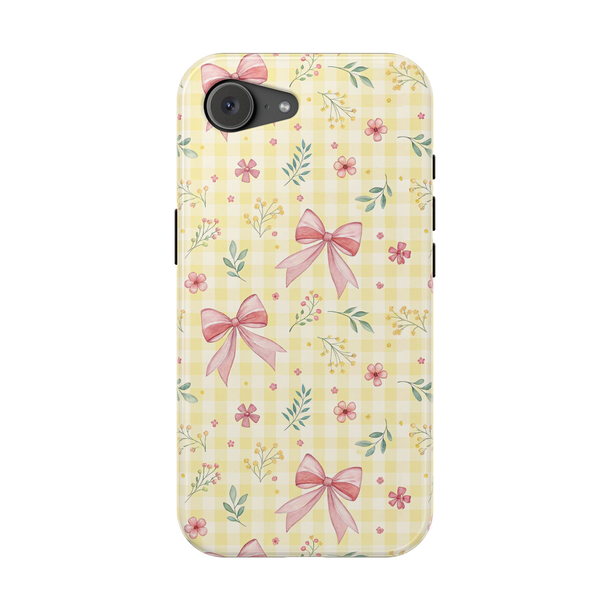 Lemon Bow Gingham MagSafe case for iPhone 16e, glossy finish