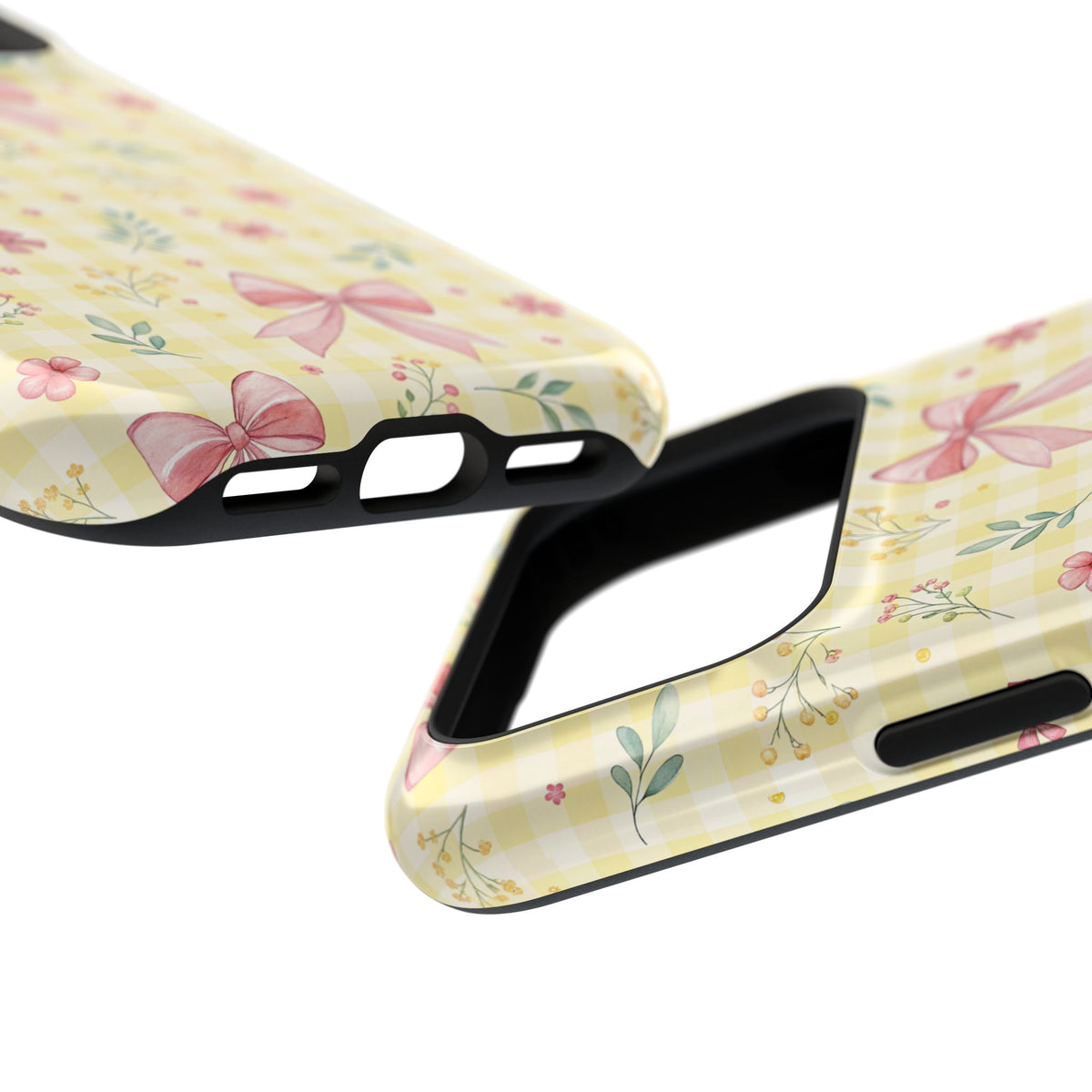 Lemon Bow Gingham MagSafe case, close-up at an angle