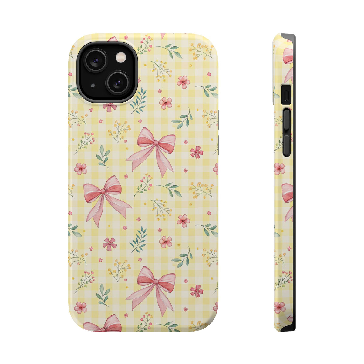 Lemon Bow Gingham MagSafe case for iPhone 14 Plus, glossy finish