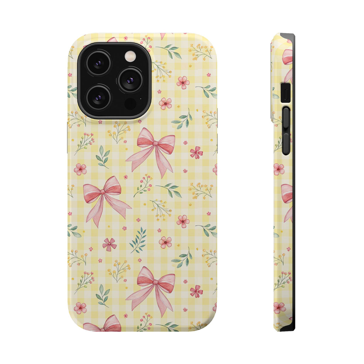 Lemon Bow Gingham MagSafe case for iPhone 14 Pro Max, glossy finish