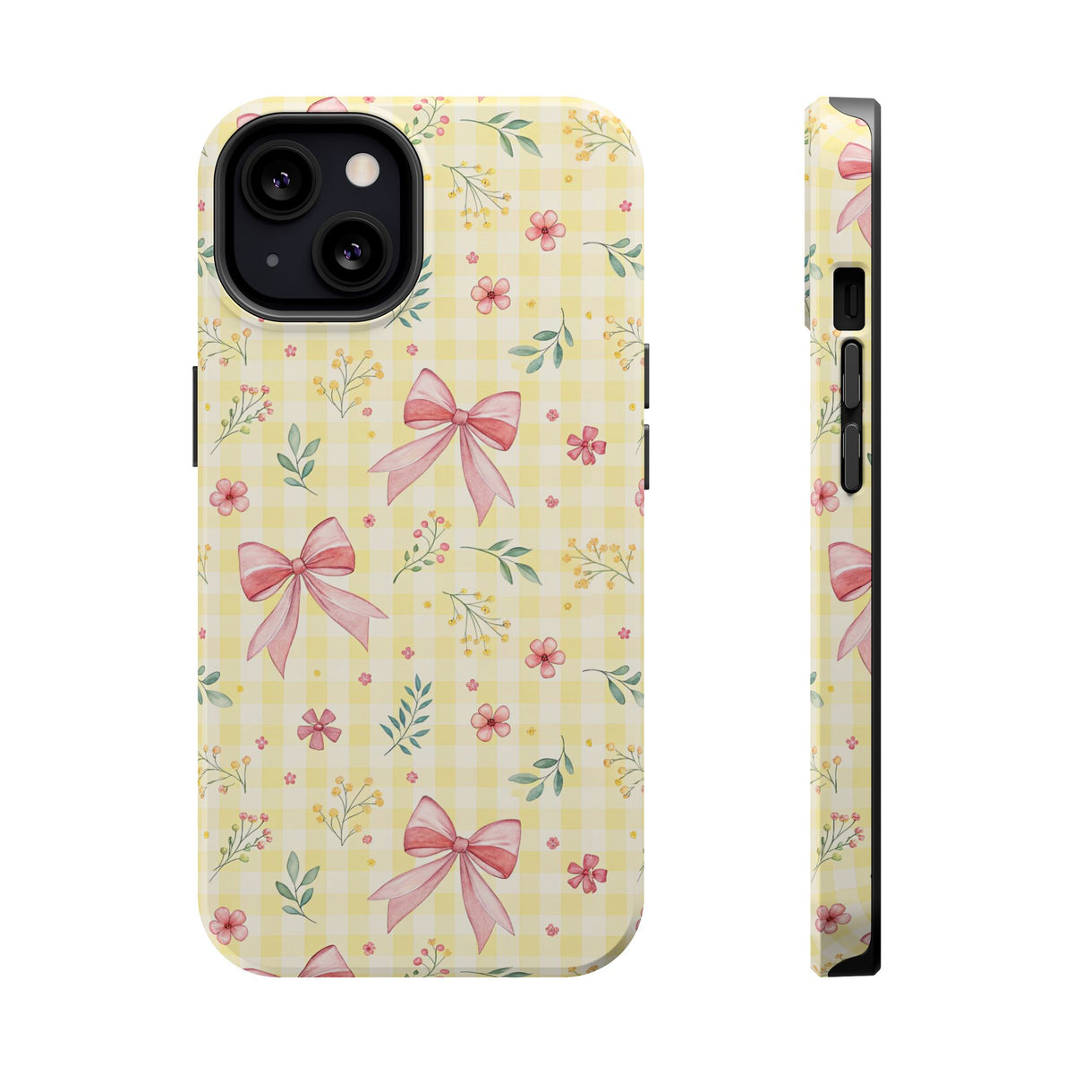 Lemon Bow Gingham MagSafe case for iPhone 13, glossy finish