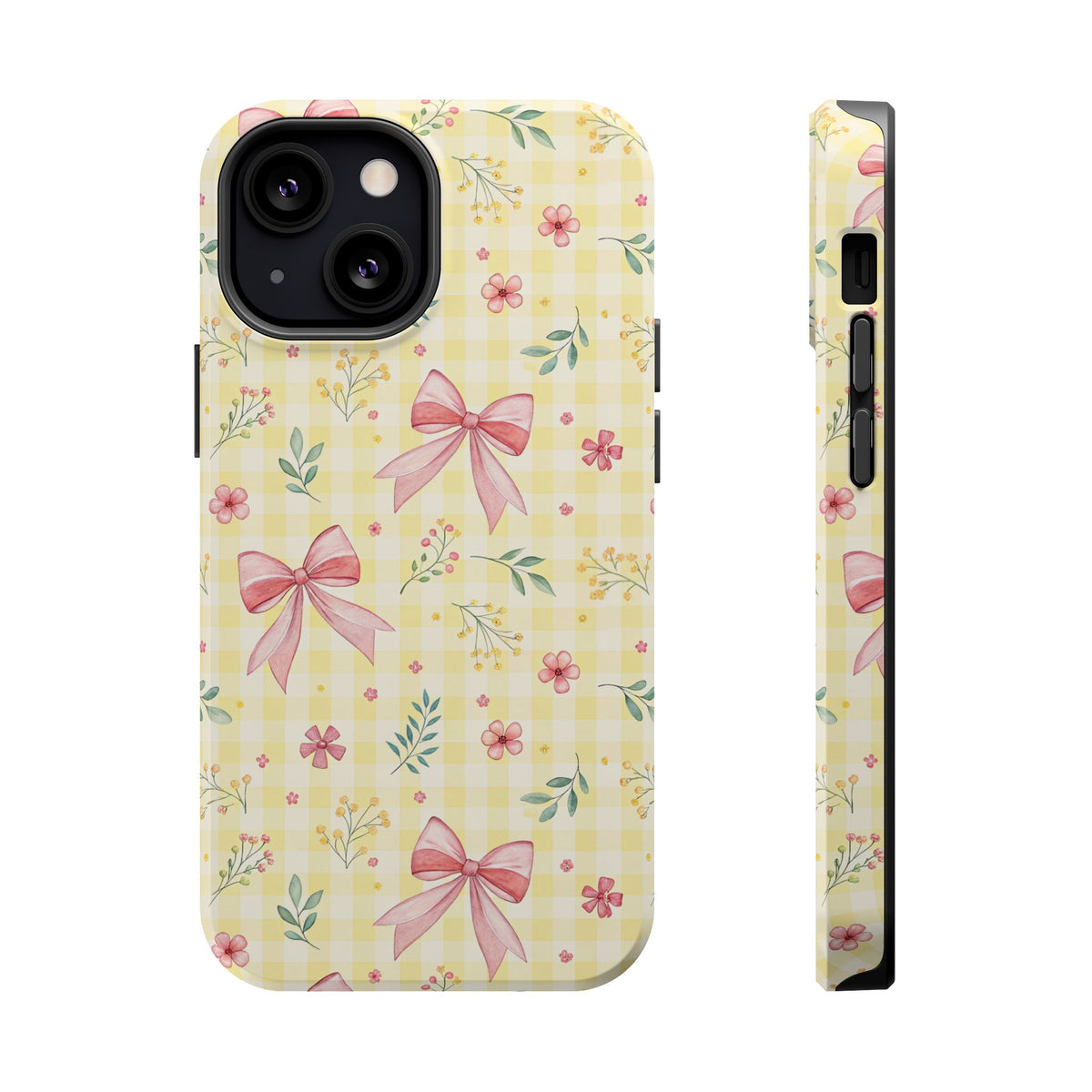 Lemon Bow Gingham MagSafe case for iPhone 13 Mini, glossy finish