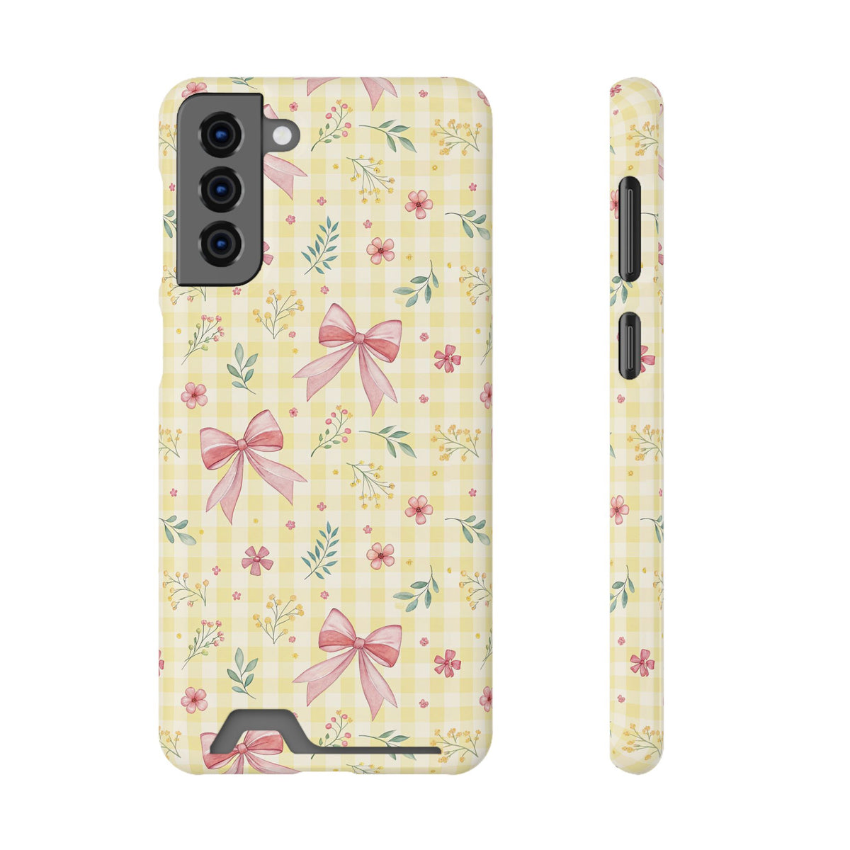 Lemon Bow Gingham phone case with card holder for Samsung Galaxy S21 Plus, glossy finish