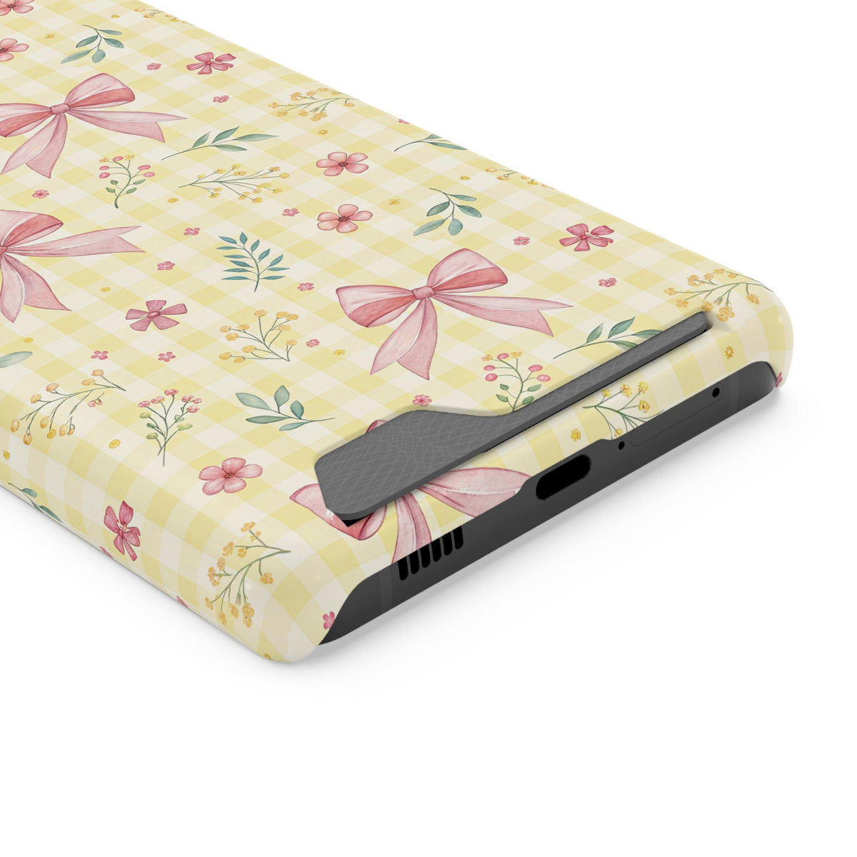 Lemon Bow Gingham phone case with card holder for Samsung Galaxy S21 Ultra, glossy finish
