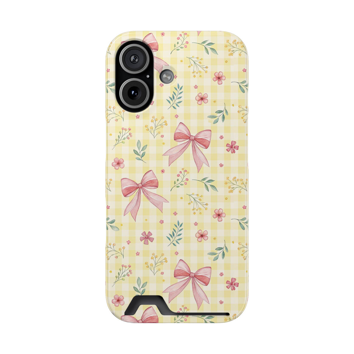 Lemon Bow Gingham phone case with card holder for iPhone 17, glossy finish