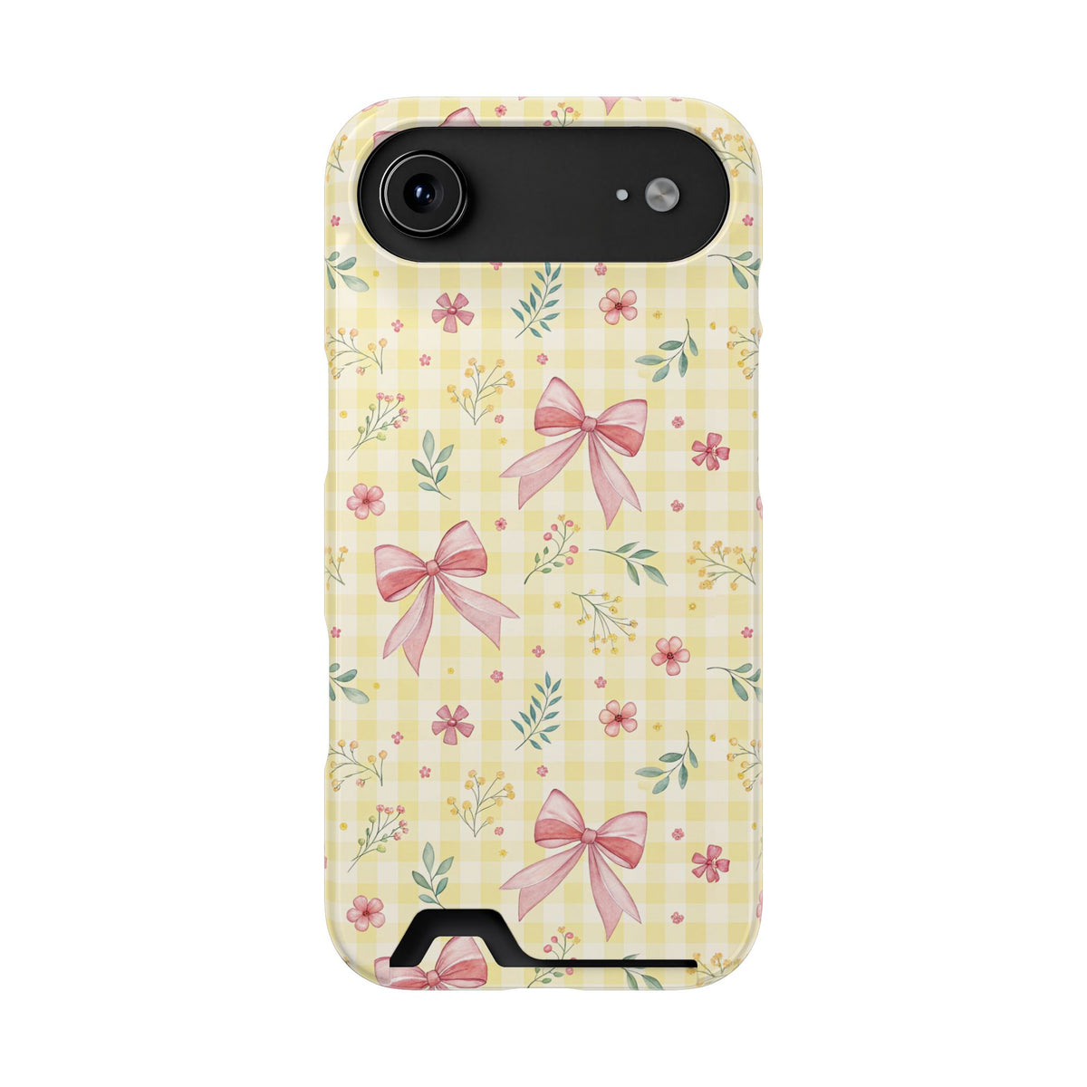 Lemon Bow Gingham phone case with card holder for iPhone 17 Air, glossy finish