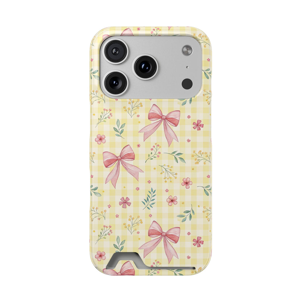 Lemon Bow Gingham phone case with card holder for iPhone 17 Pro, glossy finish