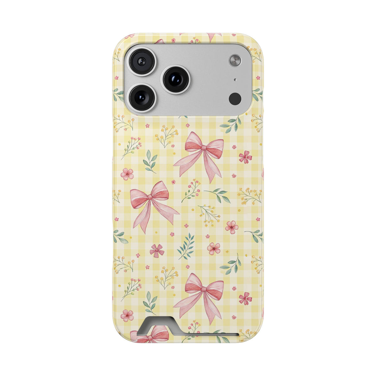 Lemon Bow Gingham phone case with card holder for iPhone 17 Pro Max, glossy finish