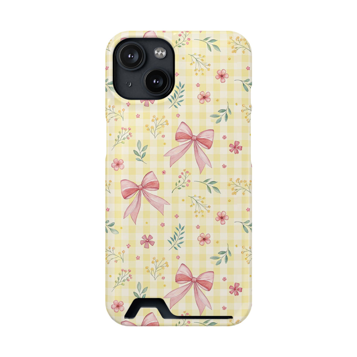 Lemon Bow Gingham phone case with card holder for iPhone 14, glossy finish
