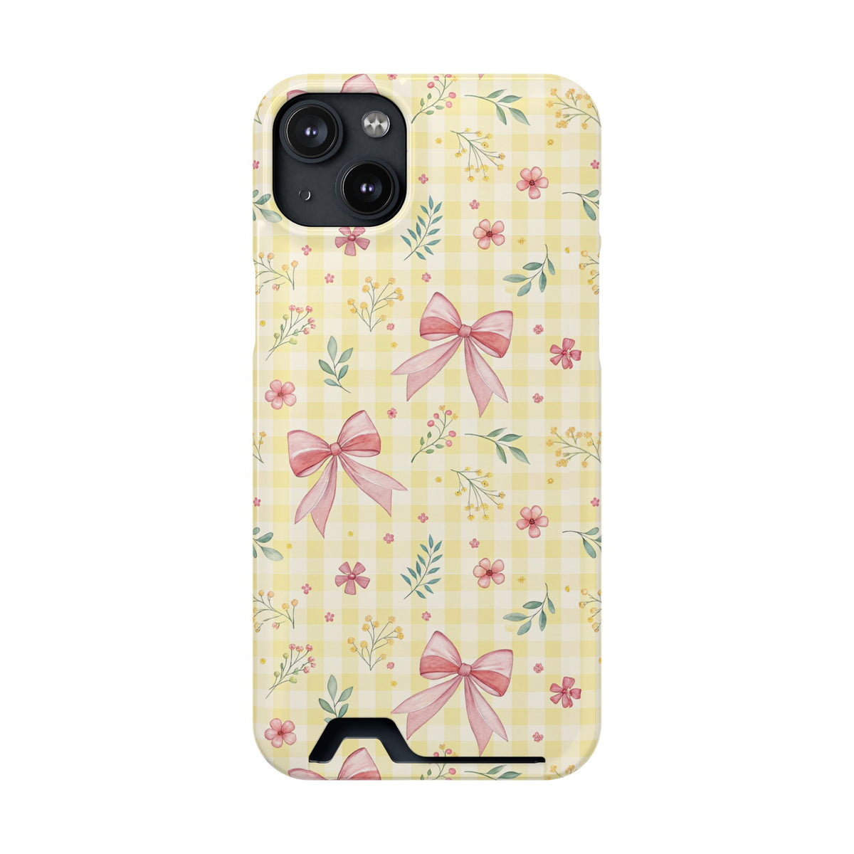 Lemon Bow Gingham phone case with card holder for iPhone 14 Plus, glossy finish
