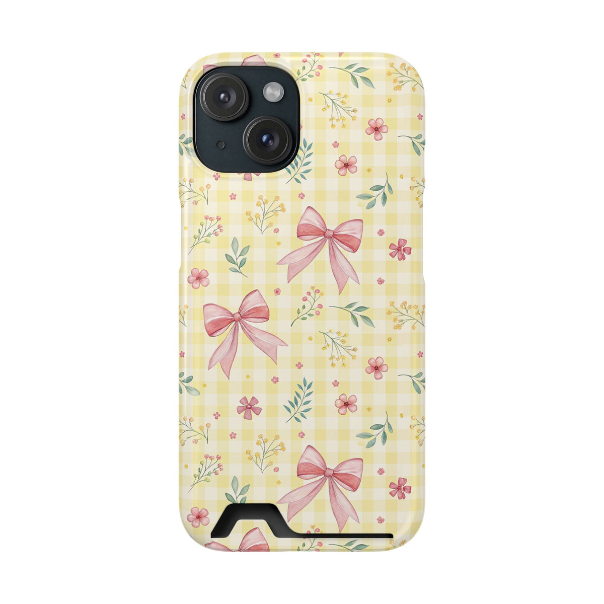 Lemon Bow Gingham phone case with card holder for iPhone 15, glossy finish