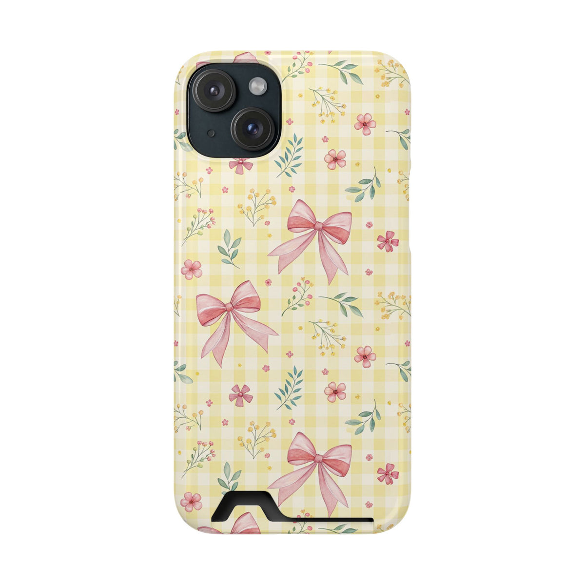 Lemon Bow Gingham phone case with card holder for iPhone 15 Plus, glossy finish