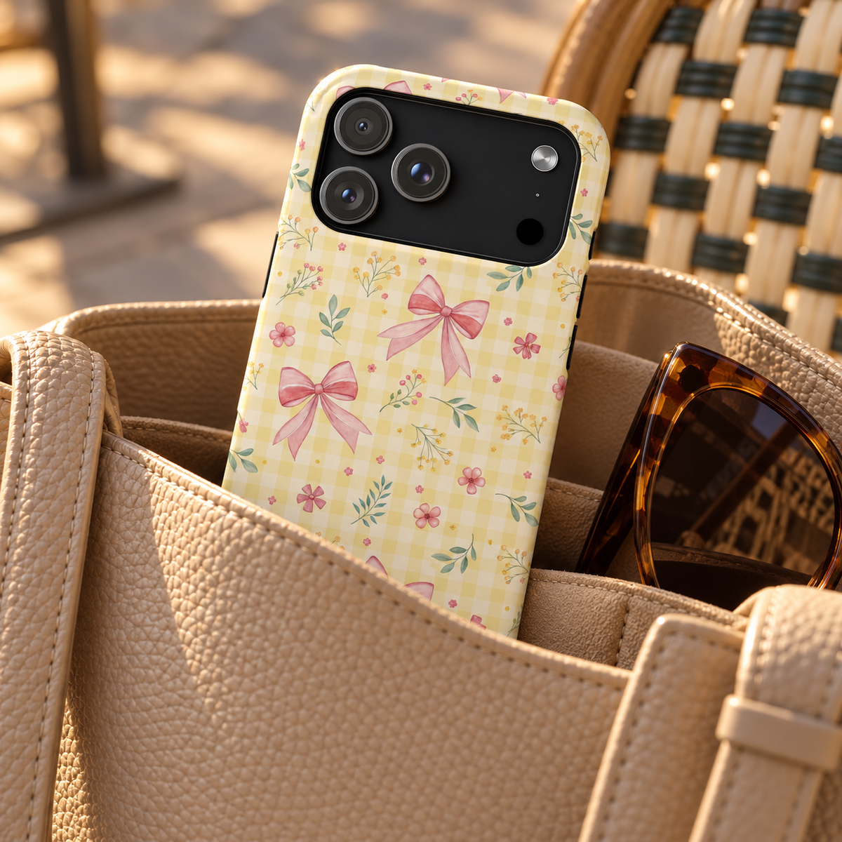 Lemon Bow Gingham phone case with card holder, pink bows and tiny flowers on lemon gingham, lifestyle photo in a handbag