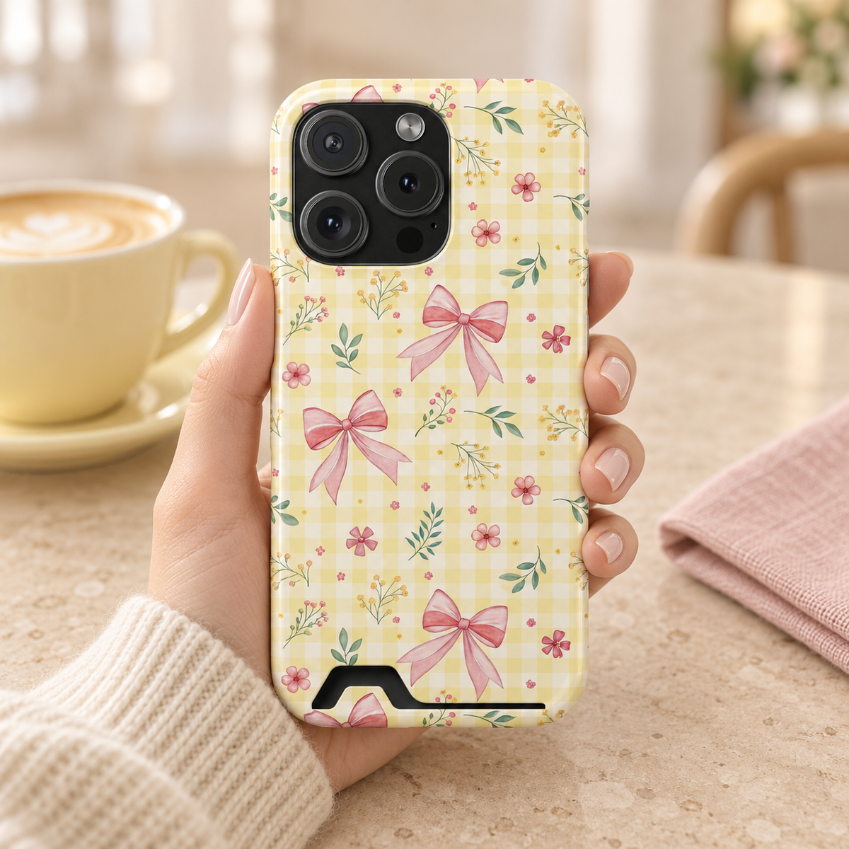 Lemon Bow Gingham phone case with card holder, pink bows and tiny flowers on lemon gingham, lifestyle photo in hand with coffee
