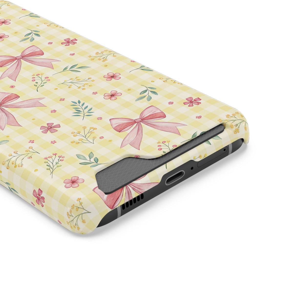 Lemon Bow Gingham phone case with card holder, close-up of the card slot