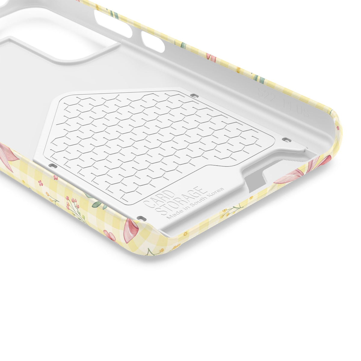 Lemon Bow Gingham phone case with card holder, close-up of the inside