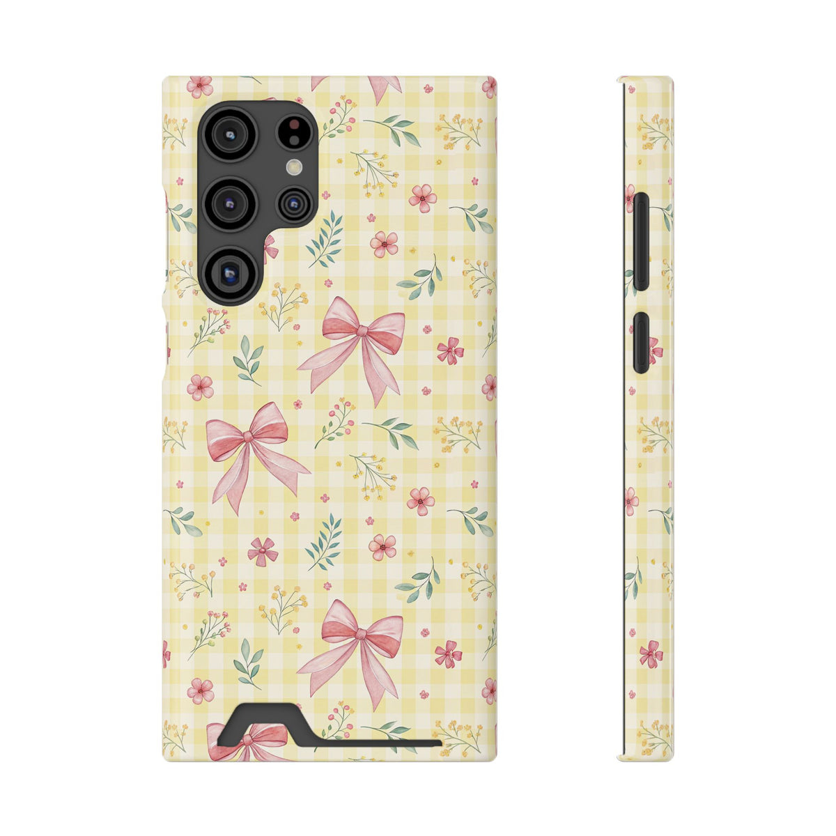 Lemon Bow Gingham phone case with card holder for Samsung Galaxy S22 Ultra, glossy finish
