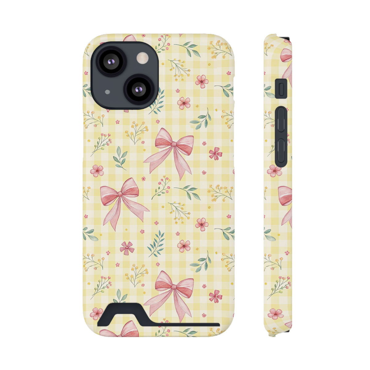 Lemon Bow Gingham phone case with card holder for iPhone 13 Mini, glossy finish