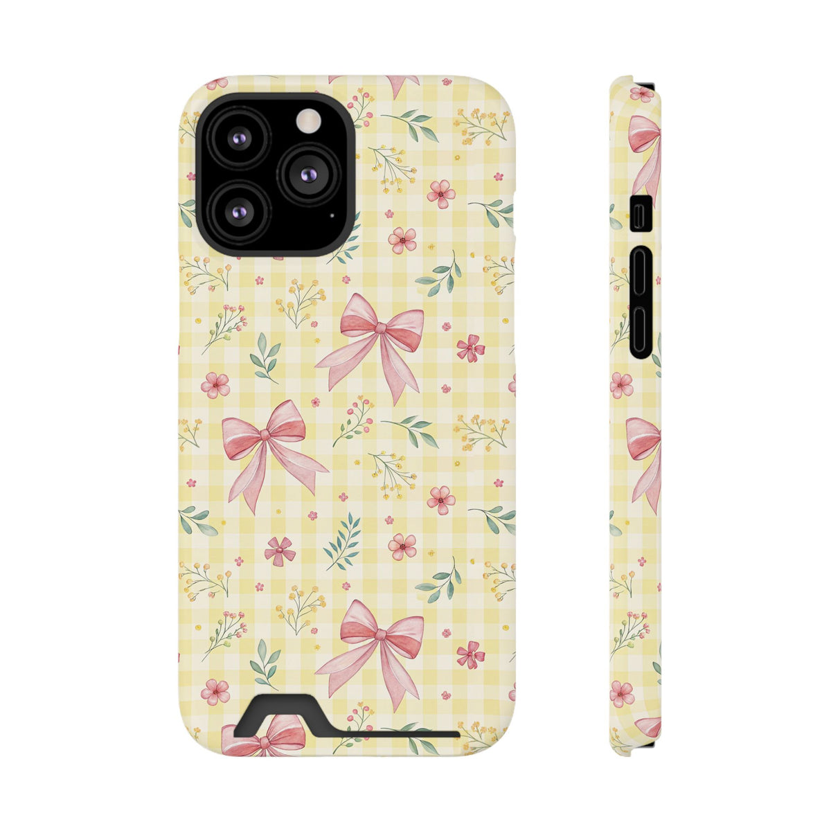 Lemon Bow Gingham phone case with card holder for iPhone 13 Pro Max, glossy finish