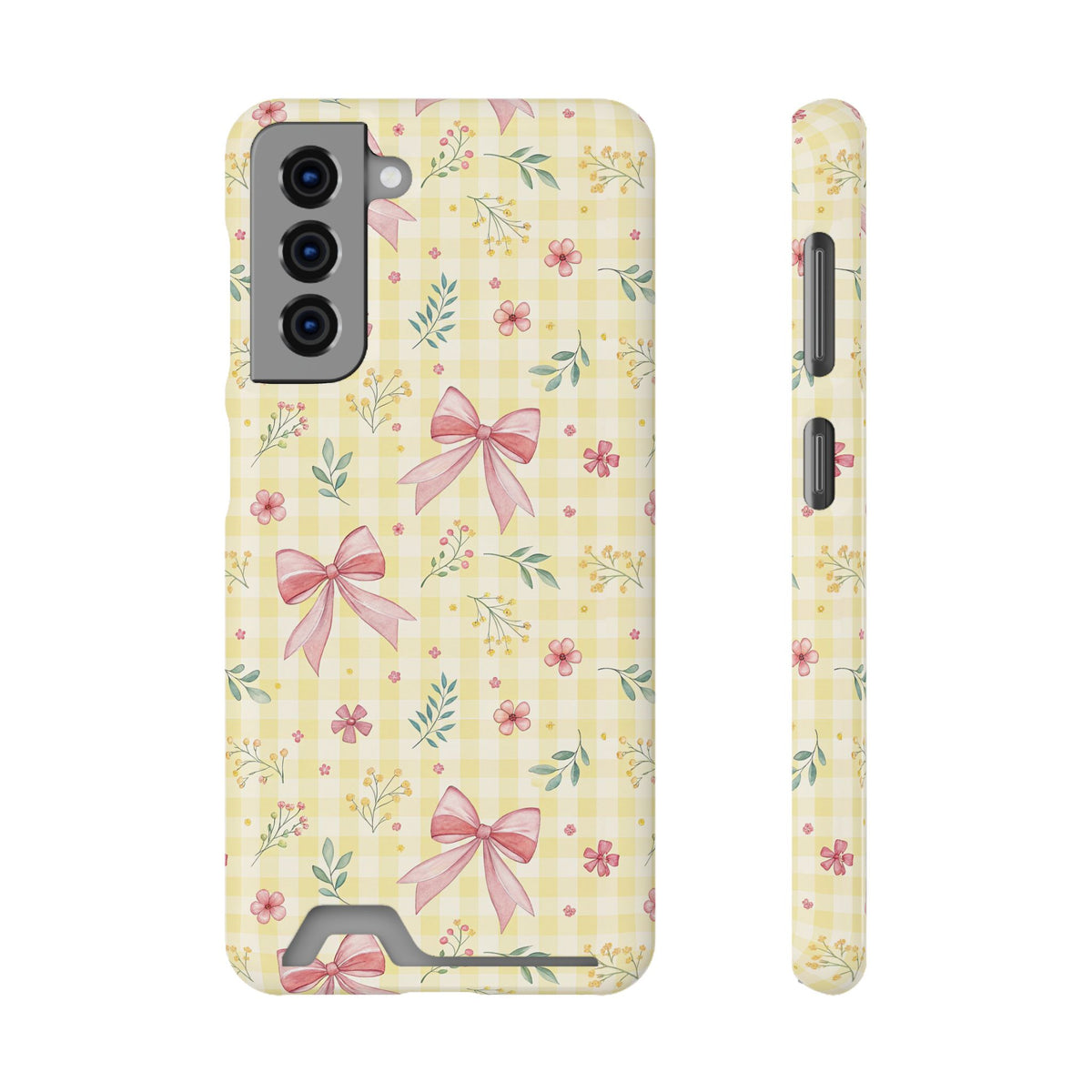 Lemon Bow Gingham phone case with card holder for Samsung Galaxy S21, glossy finish