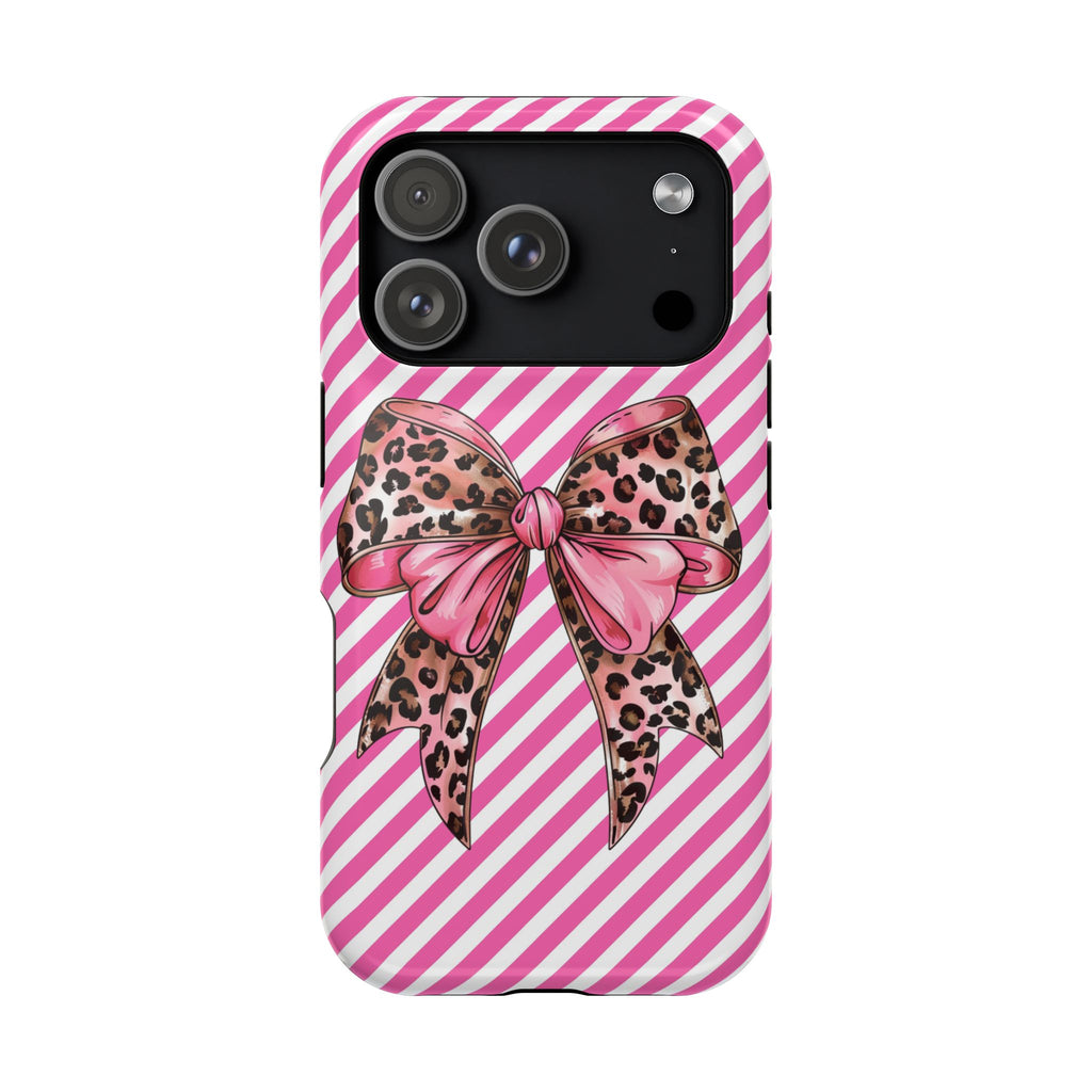 Leopard Bow protective phone case for iPhone 18 Pro, glossy finish