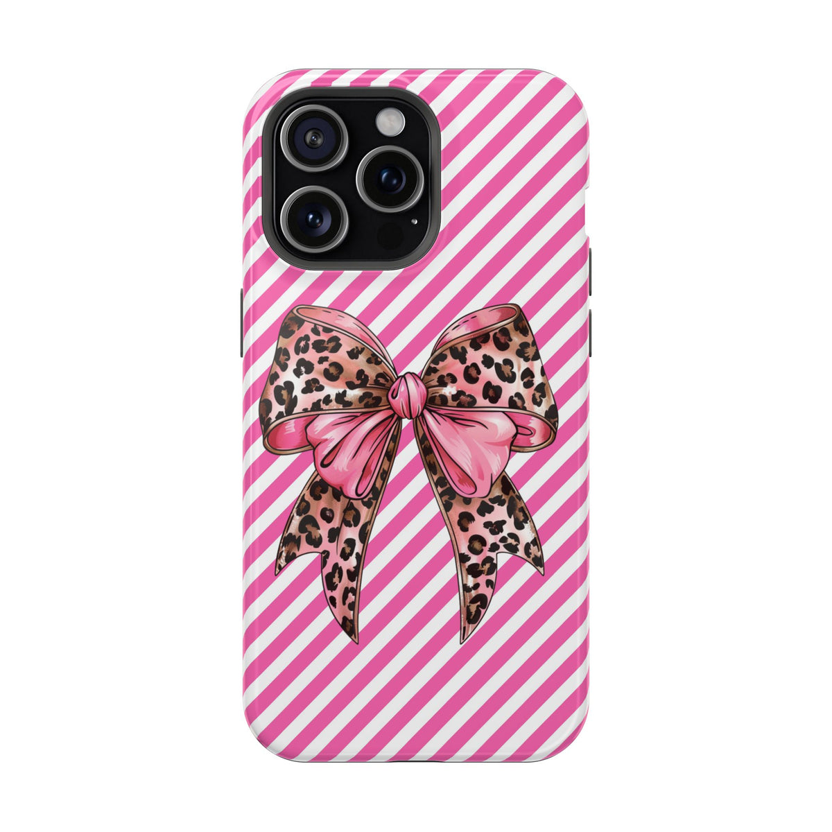 Leopard Bow protective phone case for iPhone 15 Pro Max, glossy finish